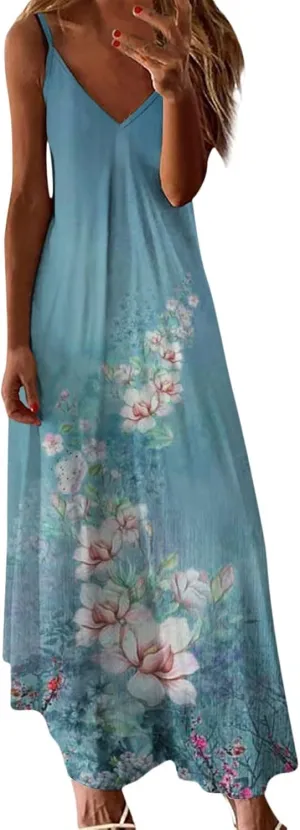 Women's Sleeveless V Neck Maxi Dress Floral Graphic Vacation Beach Sundresses Spaghetti Strap Summer Dresses