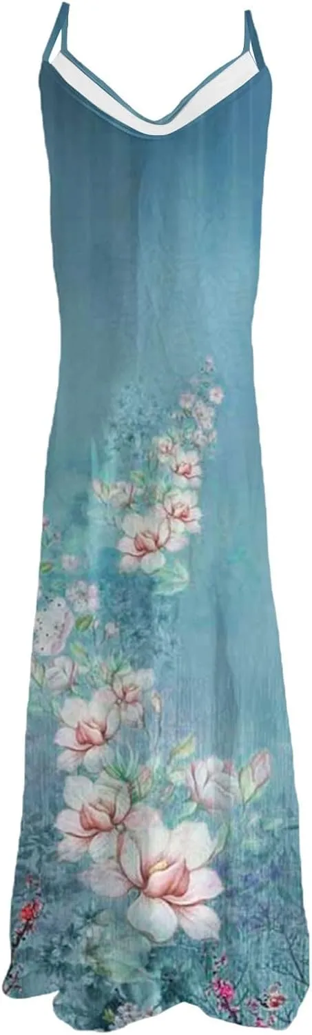 Women's Sleeveless V Neck Maxi Dress Floral Graphic Vacation Beach Sundresses Spaghetti Strap Summer Dresses