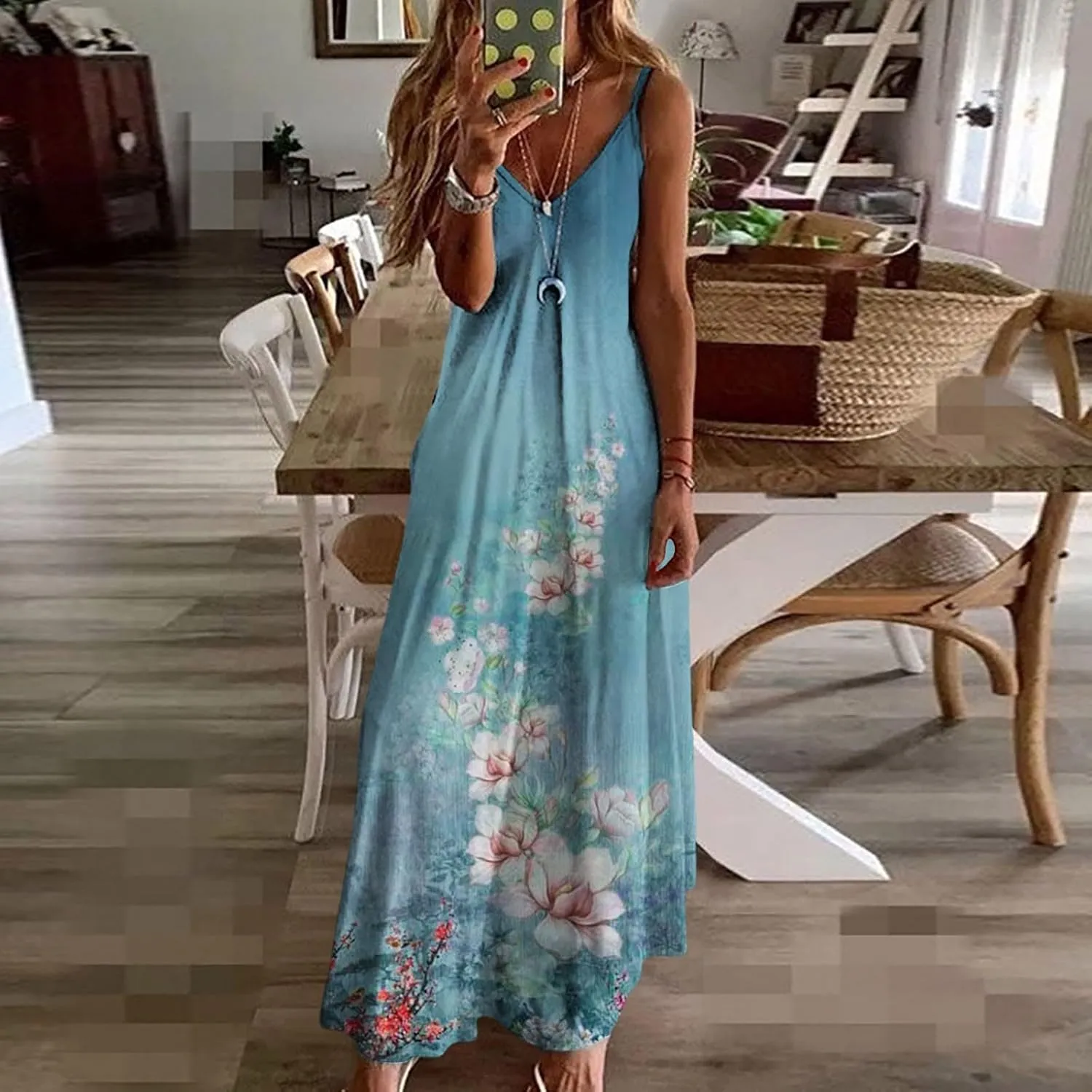 Women's Sleeveless V Neck Maxi Dress Floral Graphic Vacation Beach Sundresses Spaghetti Strap Summer Dresses
