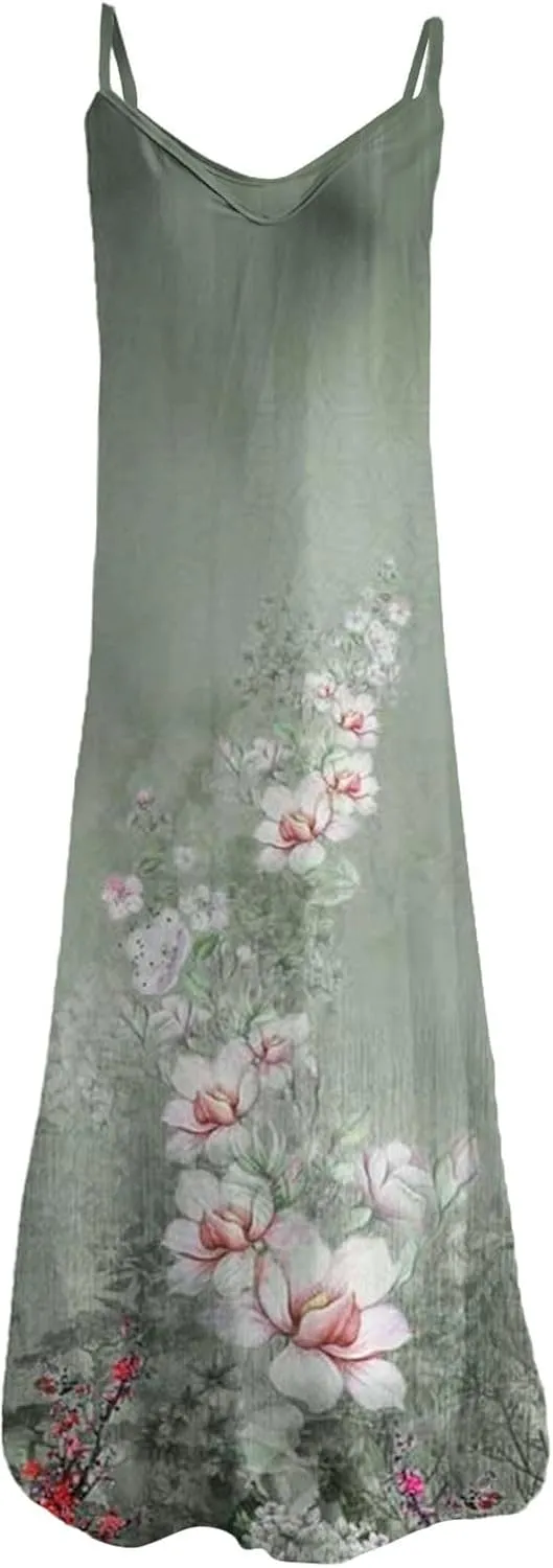 Women's Sleeveless V Neck Maxi Dress Floral Graphic Vacation Beach Sundresses Spaghetti Strap Summer Dresses