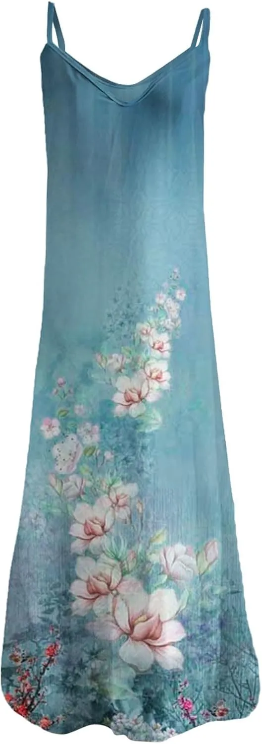 Women's Sleeveless V Neck Maxi Dress Floral Graphic Vacation Beach Sundresses Spaghetti Strap Summer Dresses
