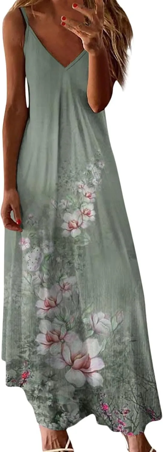 Women's Sleeveless V Neck Maxi Dress Floral Graphic Vacation Beach Sundresses Spaghetti Strap Summer Dresses