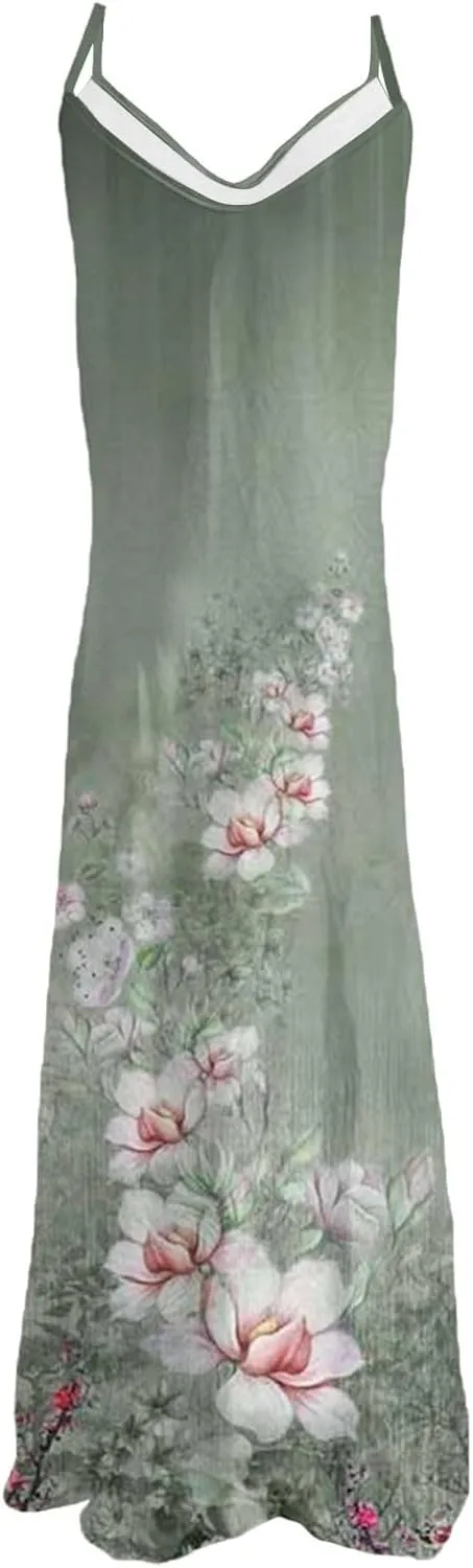 Women's Sleeveless V Neck Maxi Dress Floral Graphic Vacation Beach Sundresses Spaghetti Strap Summer Dresses