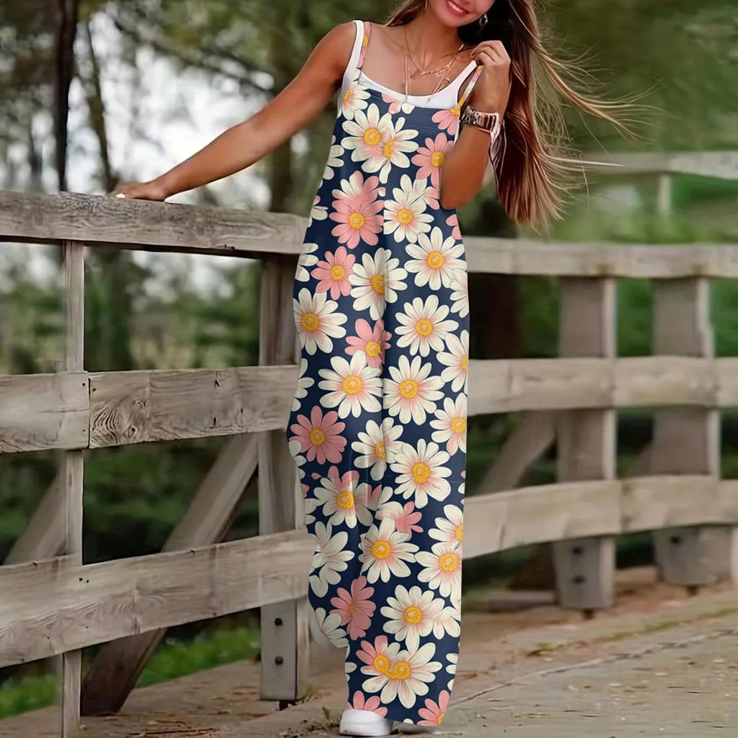 Women's Summer Boho Casual Jumpsuits Dressy Wide Leg Overalls Floral Print Baggy Rompers Vacation Outfits with Pockets