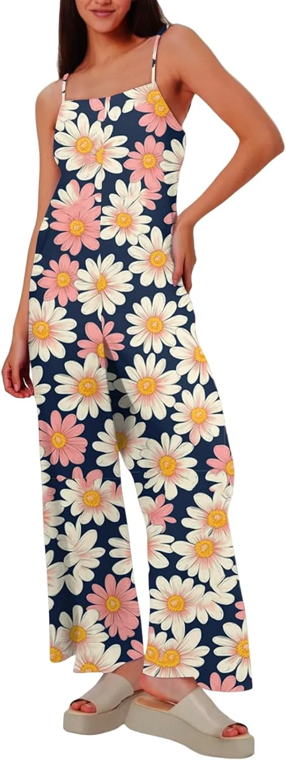 Women's Summer Boho Casual Jumpsuits Dressy Wide Leg Overalls Floral Print Baggy Rompers Vacation Outfits with Pockets