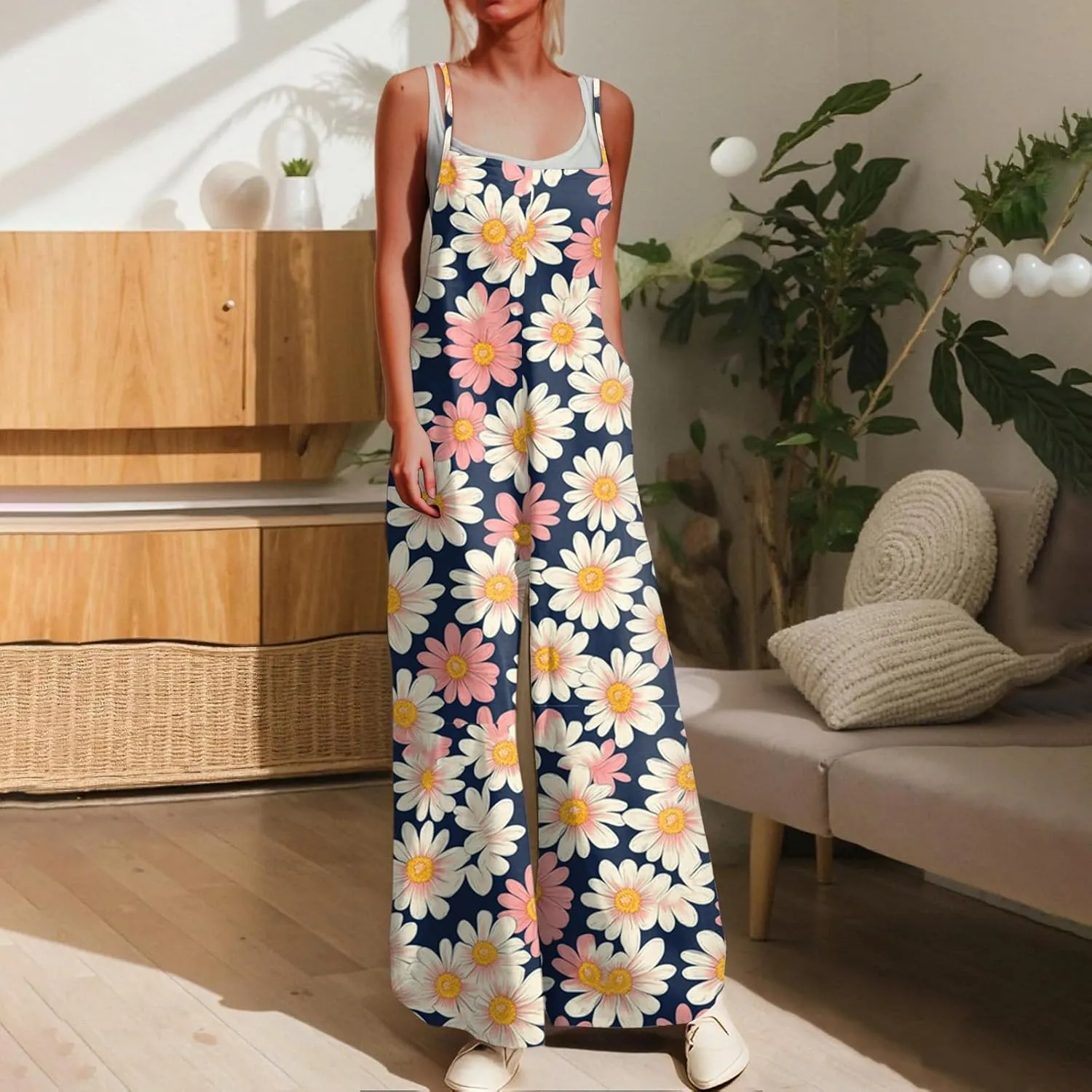 Women's Summer Boho Casual Jumpsuits Dressy Wide Leg Overalls Floral Print Baggy Rompers Vacation Outfits with Pockets