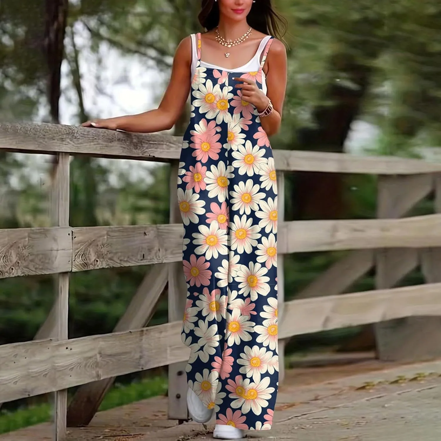 Women's Summer Boho Casual Jumpsuits Dressy Wide Leg Overalls Floral Print Baggy Rompers Vacation Outfits with Pockets