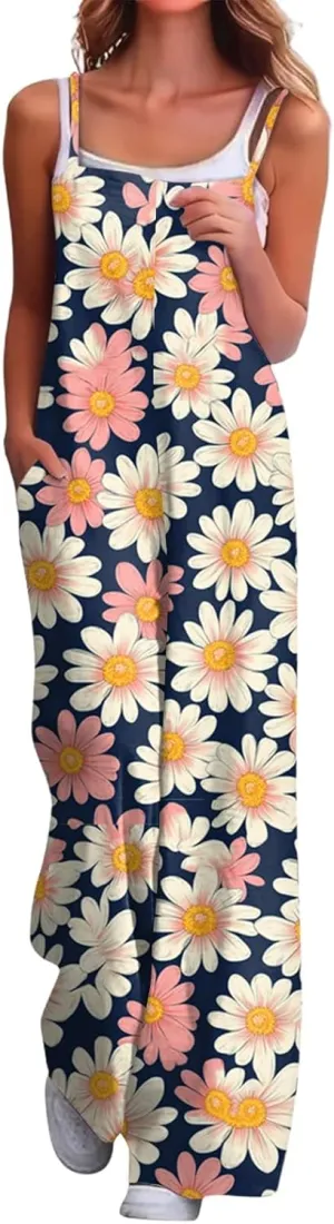 Women's Summer Boho Casual Jumpsuits Dressy Wide Leg Overalls Floral Print Baggy Rompers Vacation Outfits with Pockets