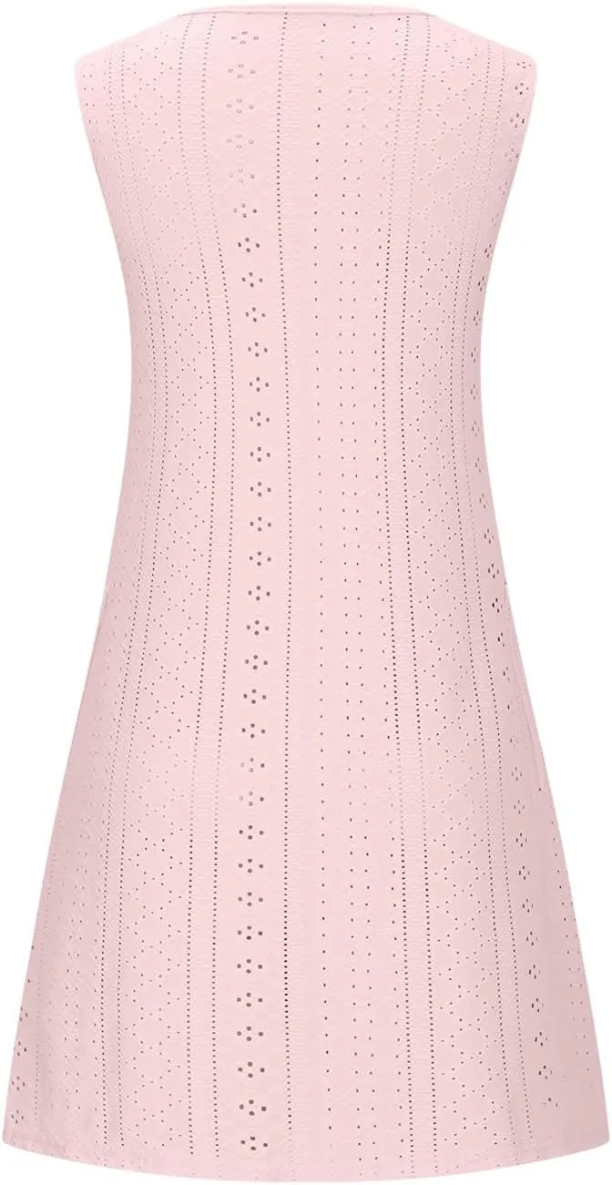 Womens Summer Eyelet Dresses 2025 Swimsuit Coverup with Pockets Casual Beach Vacation Sundresses Sleeveless Tank Dress