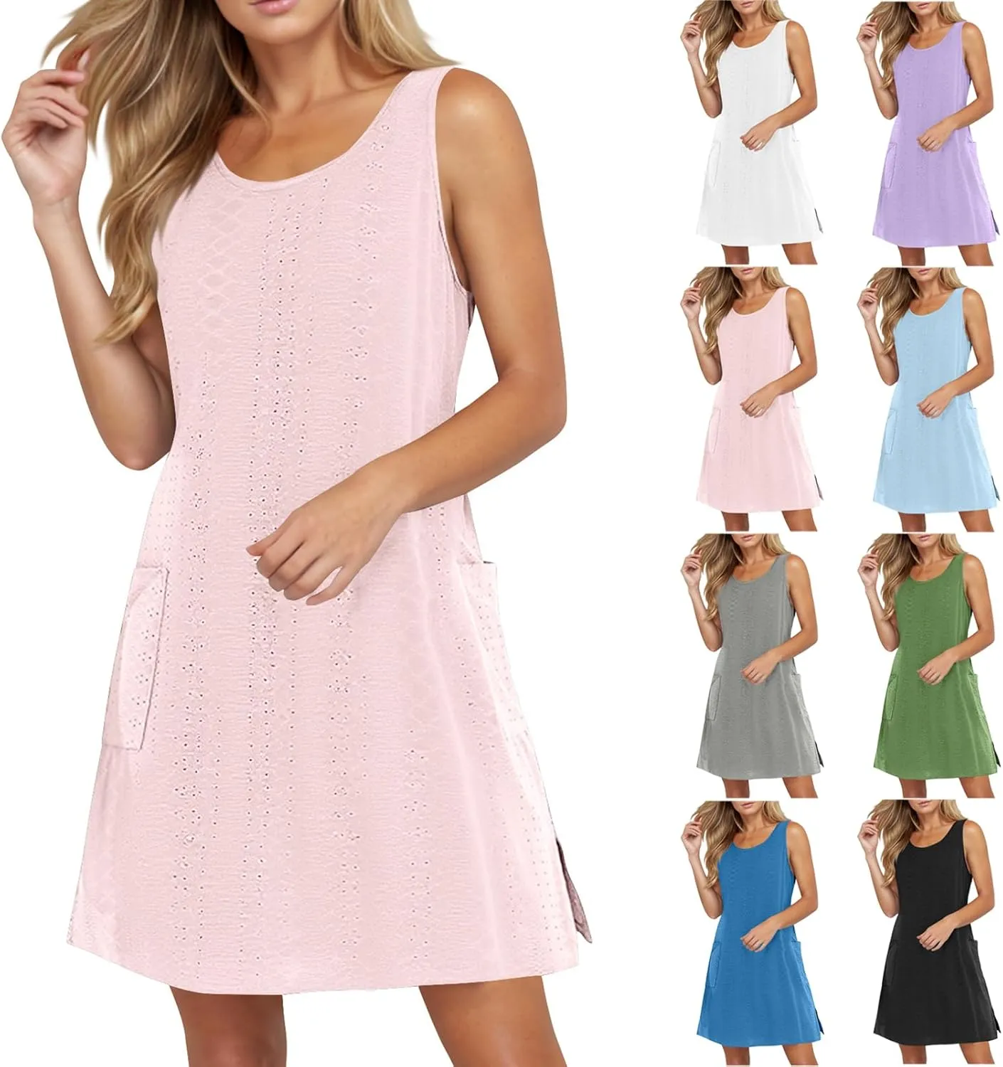 Womens Summer Eyelet Dresses 2025 Swimsuit Coverup with Pockets Casual Beach Vacation Sundresses Sleeveless Tank Dress