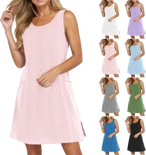 Womens Summer Eyelet Dresses 2025 Swimsuit Coverup with Pockets Casual Beach Vacation Sundresses Sleeveless Tank Dress