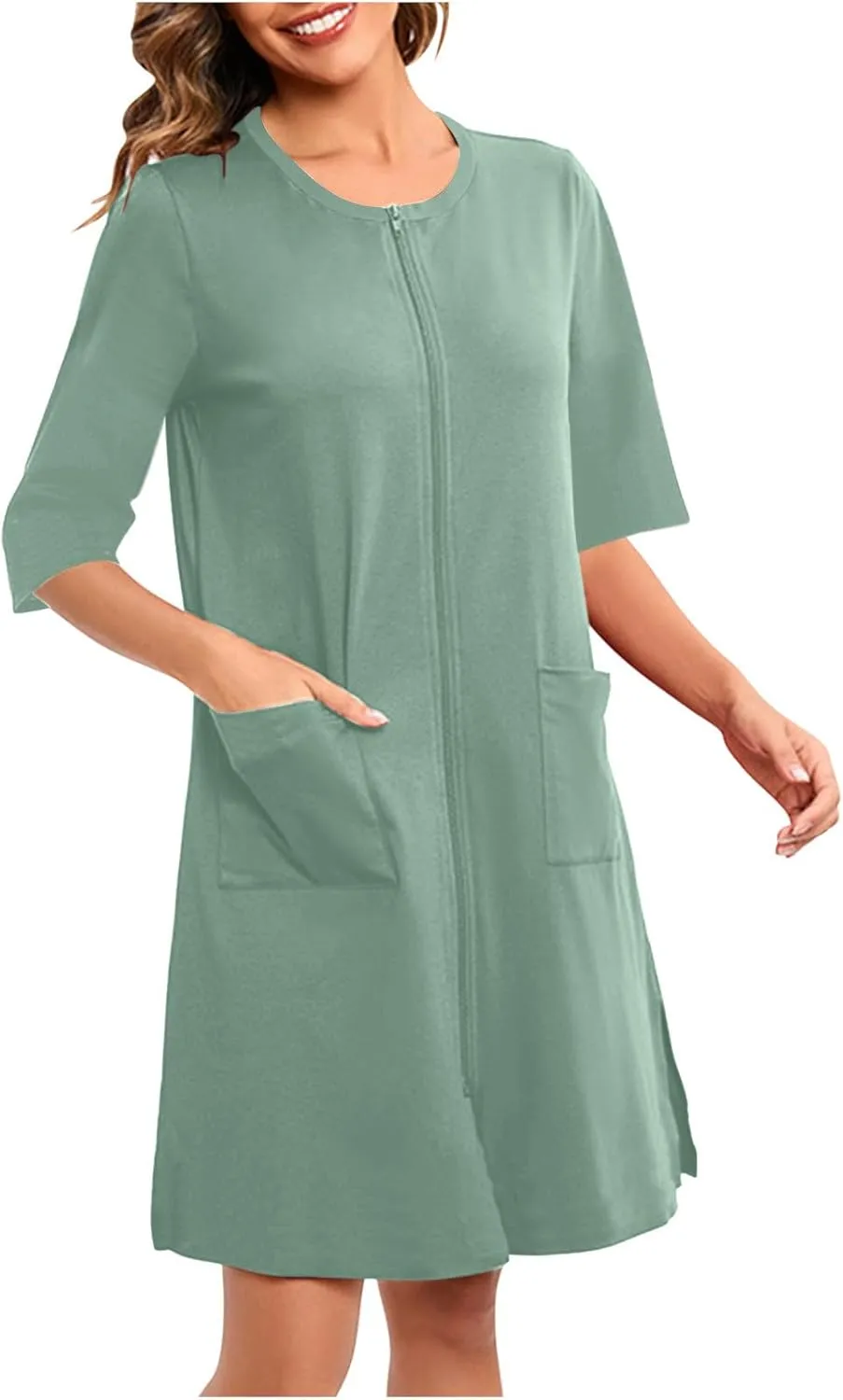 Womens Zipper Housecoat 3/4 Sleeve Bathrobes Full Zip Nightgown Casual Baggy Loungewear Comfy Loose Robes with Pocket