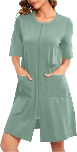 Womens Zipper Housecoat 3/4 Sleeve Bathrobes Full Zip Nightgown Casual Baggy Loungewear Comfy Loose Robes with Pocket