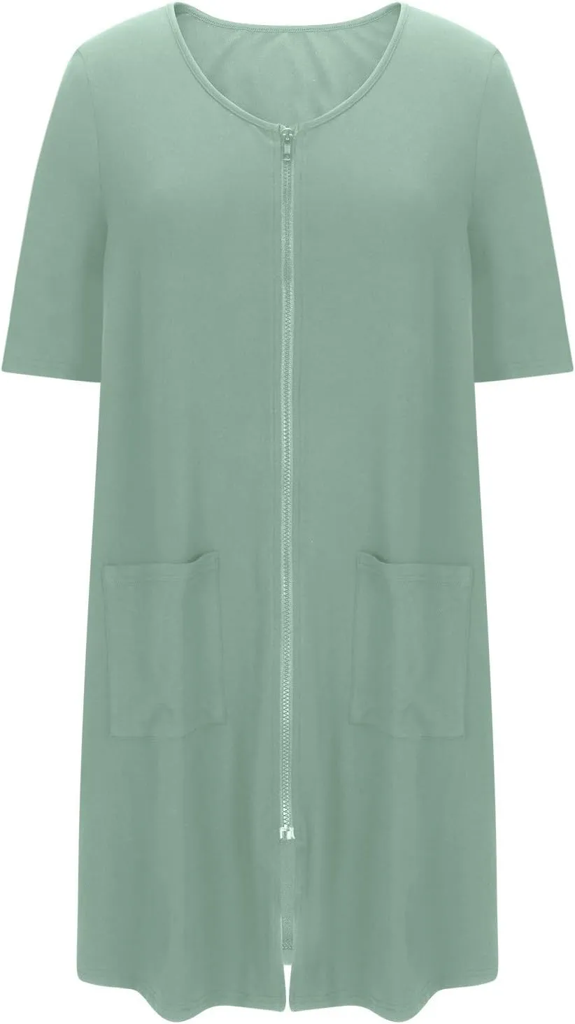 Womens Zipper Housecoat 3/4 Sleeve Bathrobes Full Zip Nightgown Casual Baggy Loungewear Comfy Loose Robes with Pocket