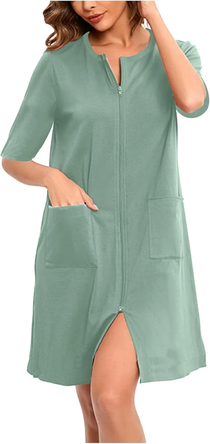 Womens Zipper Housecoat 3/4 Sleeve Bathrobes Full Zip Nightgown Casual Baggy Loungewear Comfy Loose Robes with Pocket