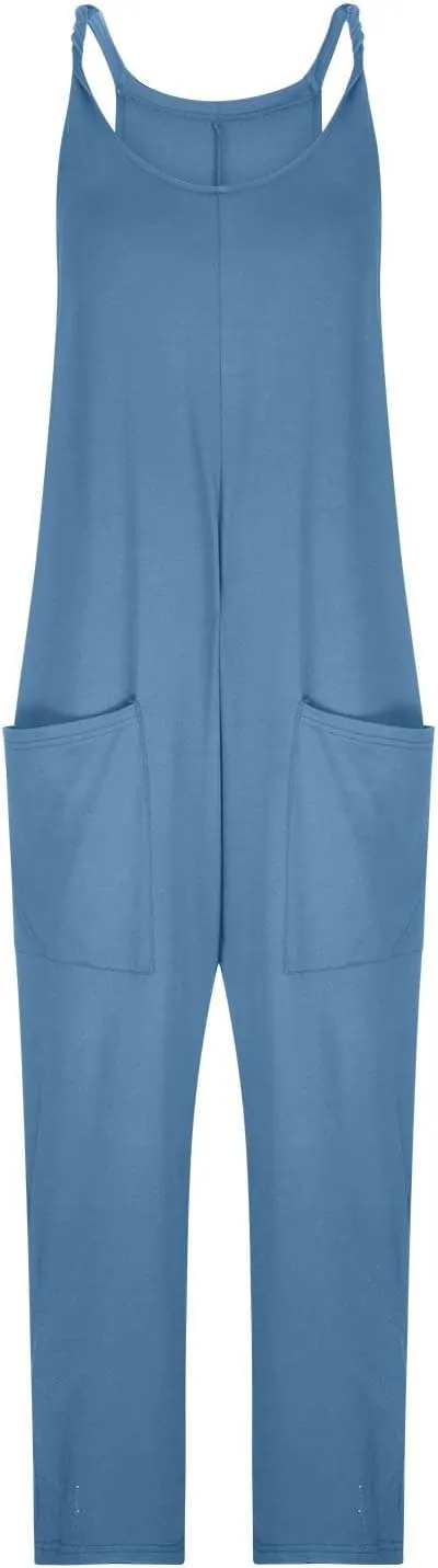 Workout Jumpsuits for Women Dressy Casual Loose Fit Sleeveless Overall Sexy Spaghetti Strap Romper with Pockets