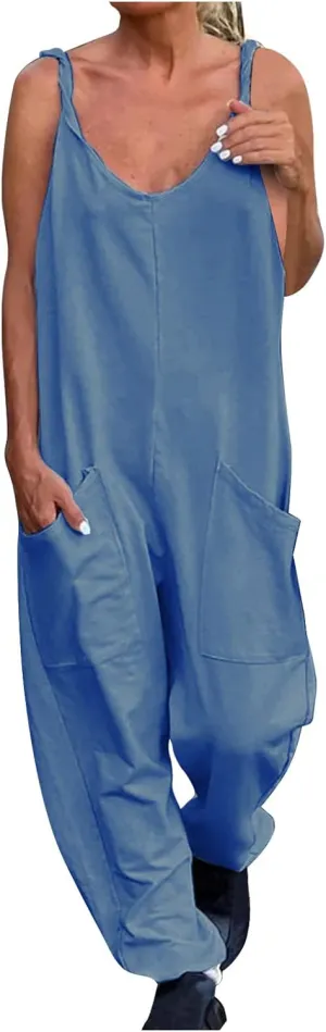 Workout Jumpsuits for Women Dressy Casual Loose Fit Sleeveless Overall Sexy Spaghetti Strap Romper with Pockets