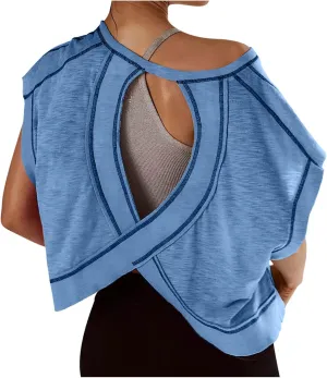 Workout Tops for Women Open Back Short Sleeve Shirts Backless Gym Yoga Tshirt Top Trendy Running Crop Tees