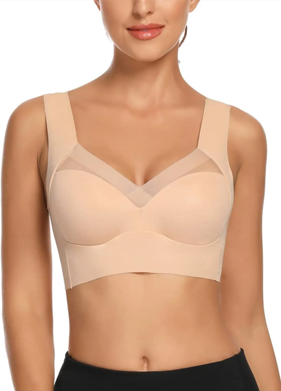 WOWENY Seamless Lace Mesh Bralettes Back Smoothing Bra Comfortable Wirefree Plus Size Everyday Bras for Women