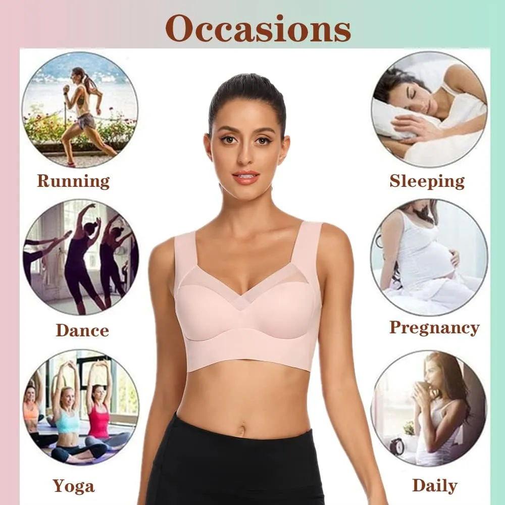 WOWENY Seamless Lace Mesh Bralettes Back Smoothing Bra Comfortable Wirefree Plus Size Everyday Bras for Women