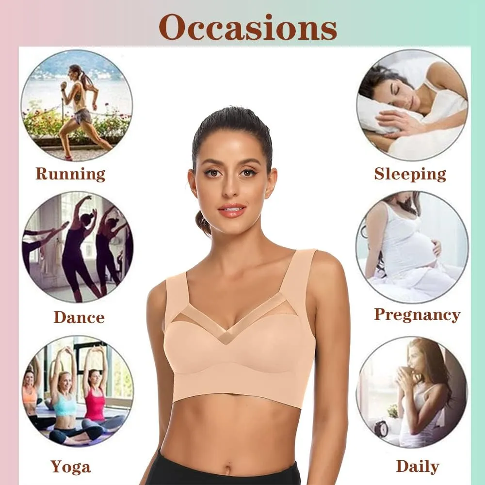 WOWENY Seamless Lace Mesh Bralettes Back Smoothing Bra Comfortable Wirefree Plus Size Everyday Bras for Women