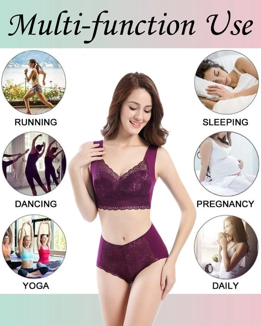 WOWENY Seamless Lace Mesh Bralettes Back Smoothing Bra Comfortable Wirefree Plus Size Everyday Bras for Women