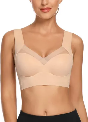 WOWENY Seamless Lace Mesh Bralettes Back Smoothing Bra Comfortable Wirefree Plus Size Everyday Bras for Women