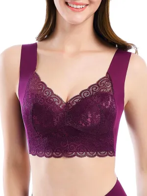 WOWENY Seamless Lace Mesh Bralettes Back Smoothing Bra Comfortable Wirefree Plus Size Everyday Bras for Women