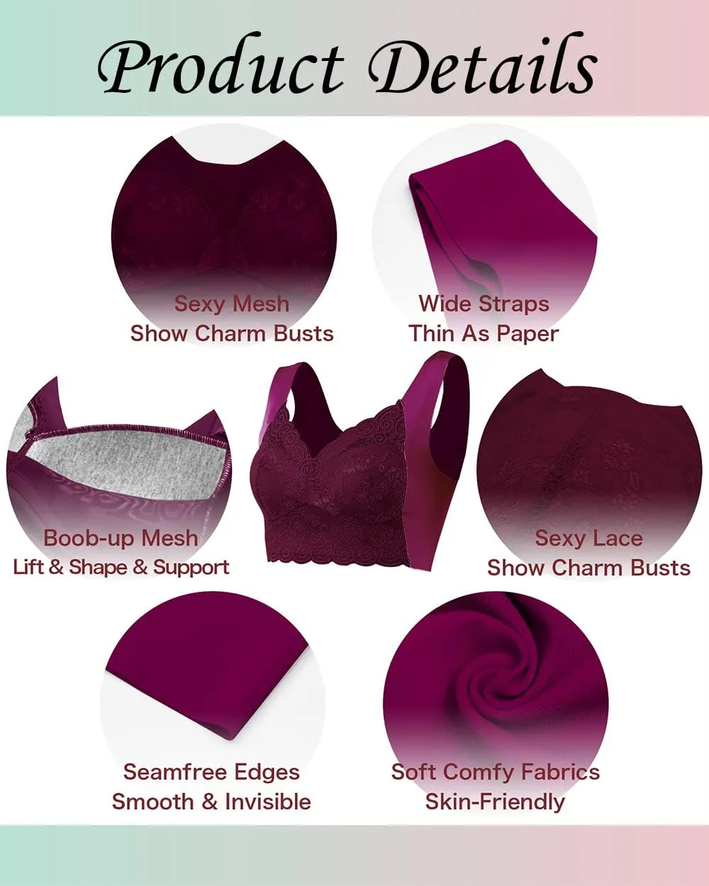WOWENY Seamless Lace Mesh Bralettes Back Smoothing Bra Comfortable Wirefree Plus Size Everyday Bras for Women