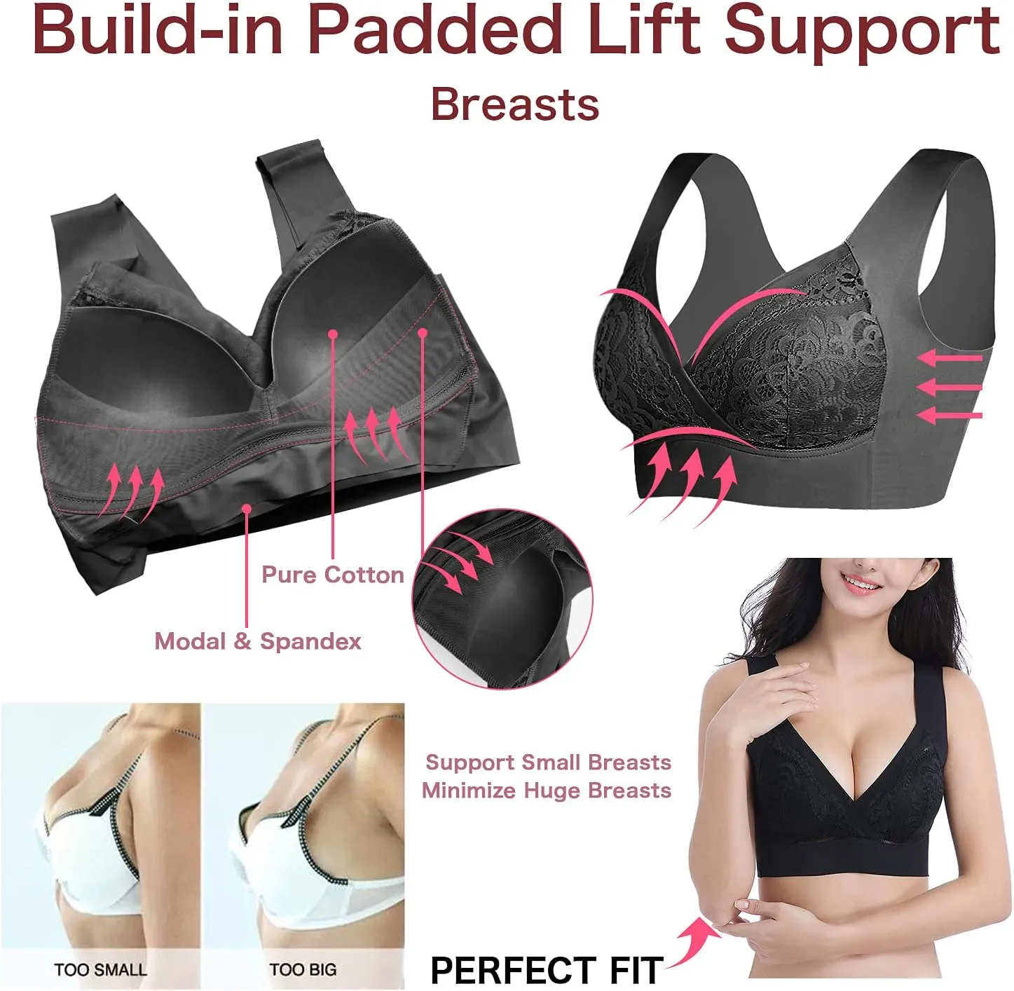 WOWENY Seamless Lace Mesh Bralettes Back Smoothing Bra Comfortable Wirefree Plus Size Everyday Bras for Women