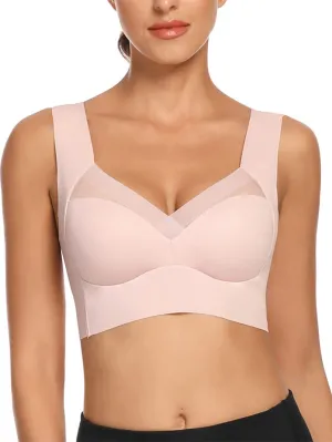 WOWENY Seamless Lace Mesh Bralettes Back Smoothing Bra Comfortable Wirefree Plus Size Everyday Bras for Women