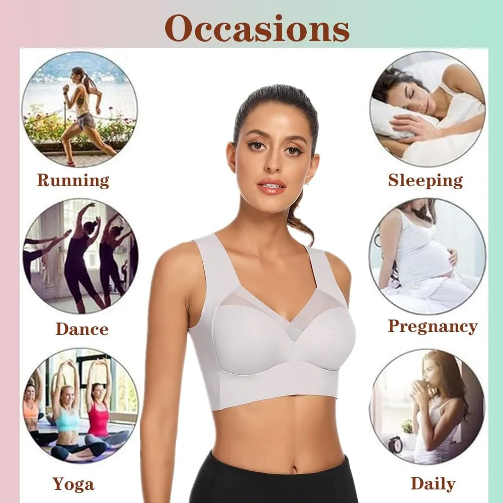WOWENY Seamless Lace Mesh Bralettes Back Smoothing Bra Comfortable Wirefree Plus Size Everyday Bras for Women