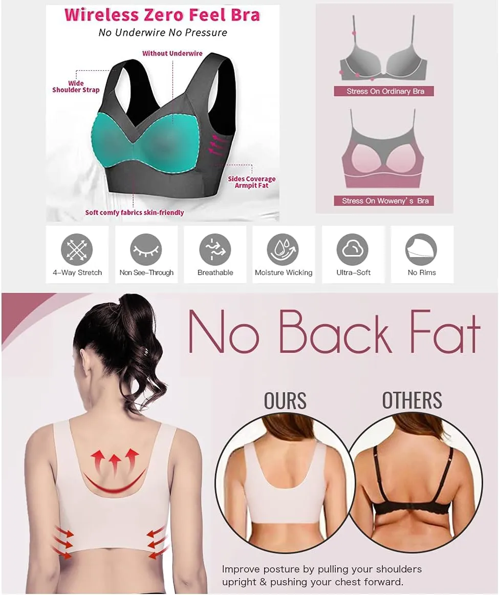 WOWENY Seamless Lace Mesh Bralettes Back Smoothing Bra Comfortable Wirefree Plus Size Everyday Bras for Women