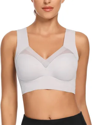 WOWENY Seamless Lace Mesh Bralettes Back Smoothing Bra Comfortable Wirefree Plus Size Everyday Bras for Women