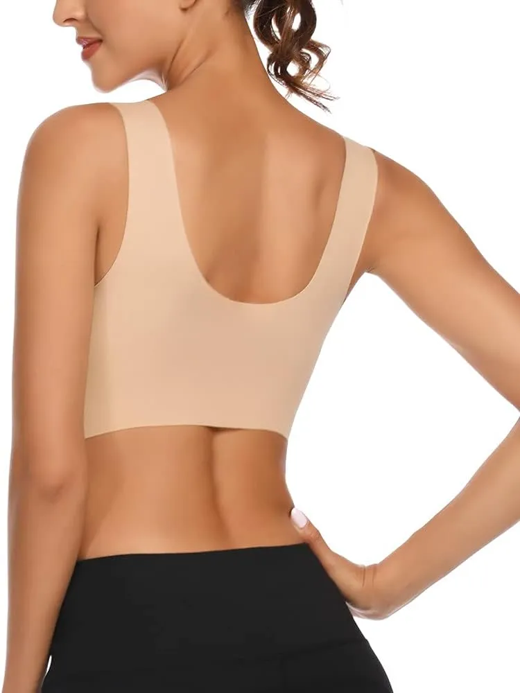 WOWENY Seamless Lace Mesh Bralettes Back Smoothing Bra Comfortable Wirefree Plus Size Everyday Bras for Women