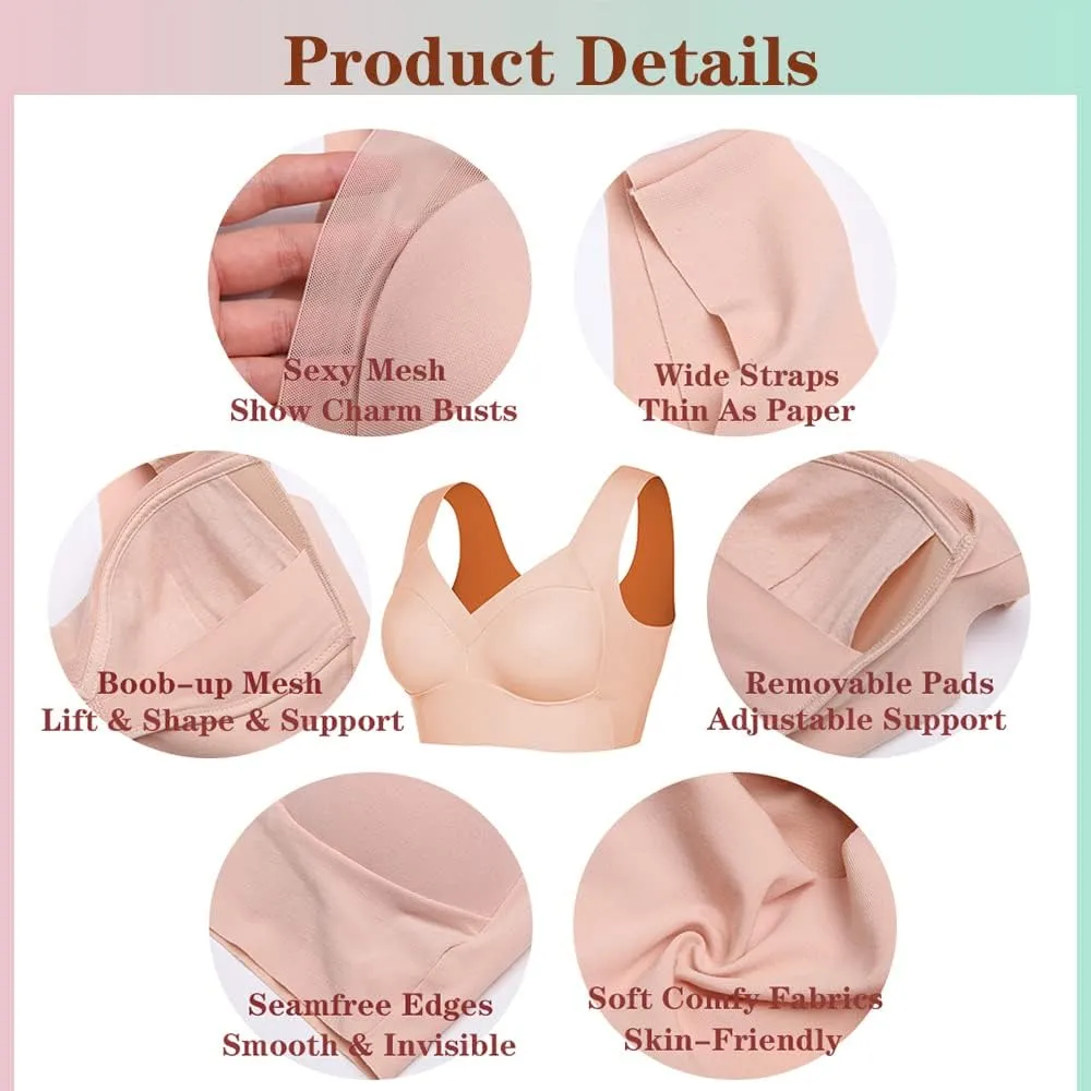 WOWENY Seamless Lace Mesh Bralettes Back Smoothing Bra Comfortable Wirefree Plus Size Everyday Bras for Women
