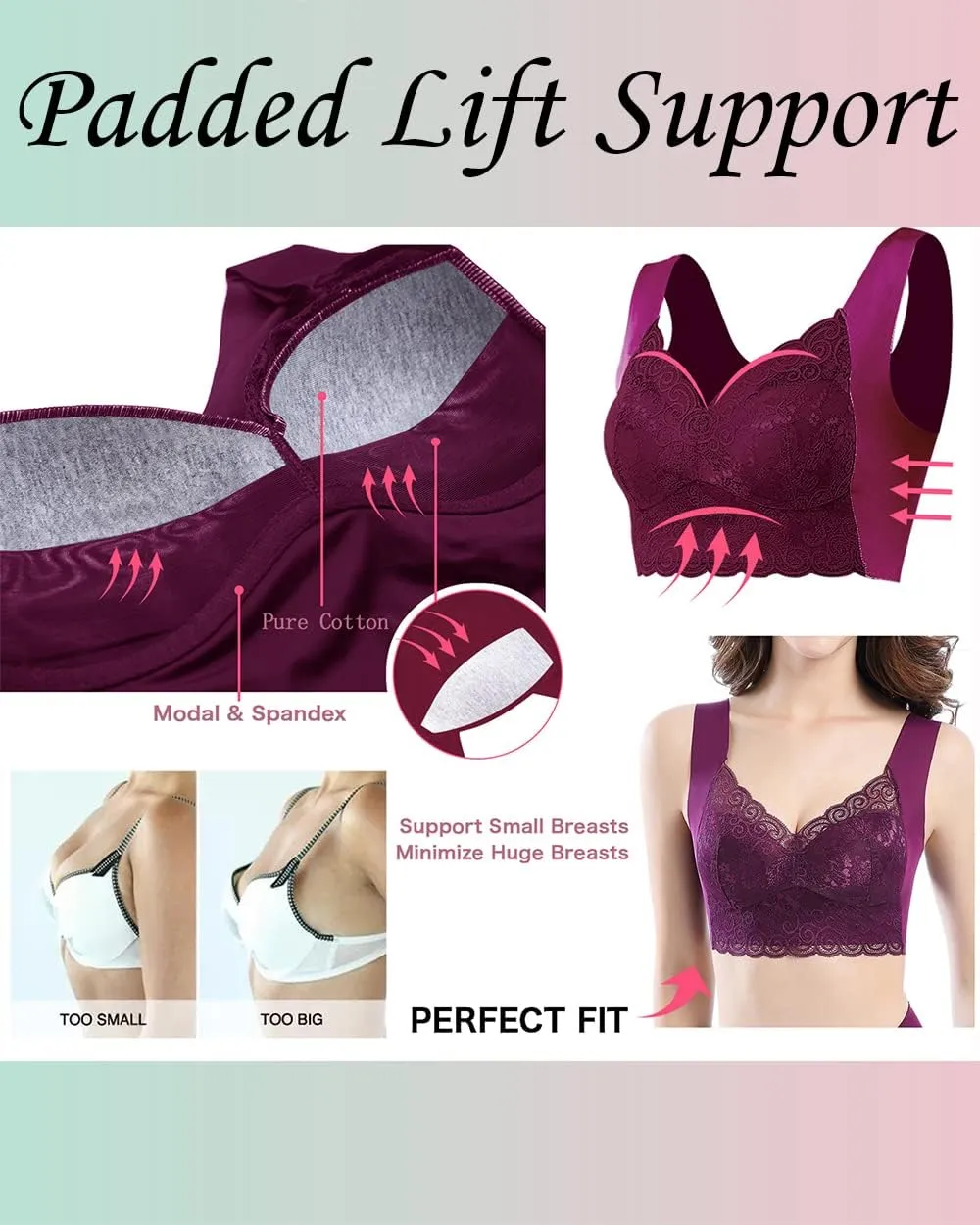 WOWENY Seamless Lace Mesh Bralettes Back Smoothing Bra Comfortable Wirefree Plus Size Everyday Bras for Women