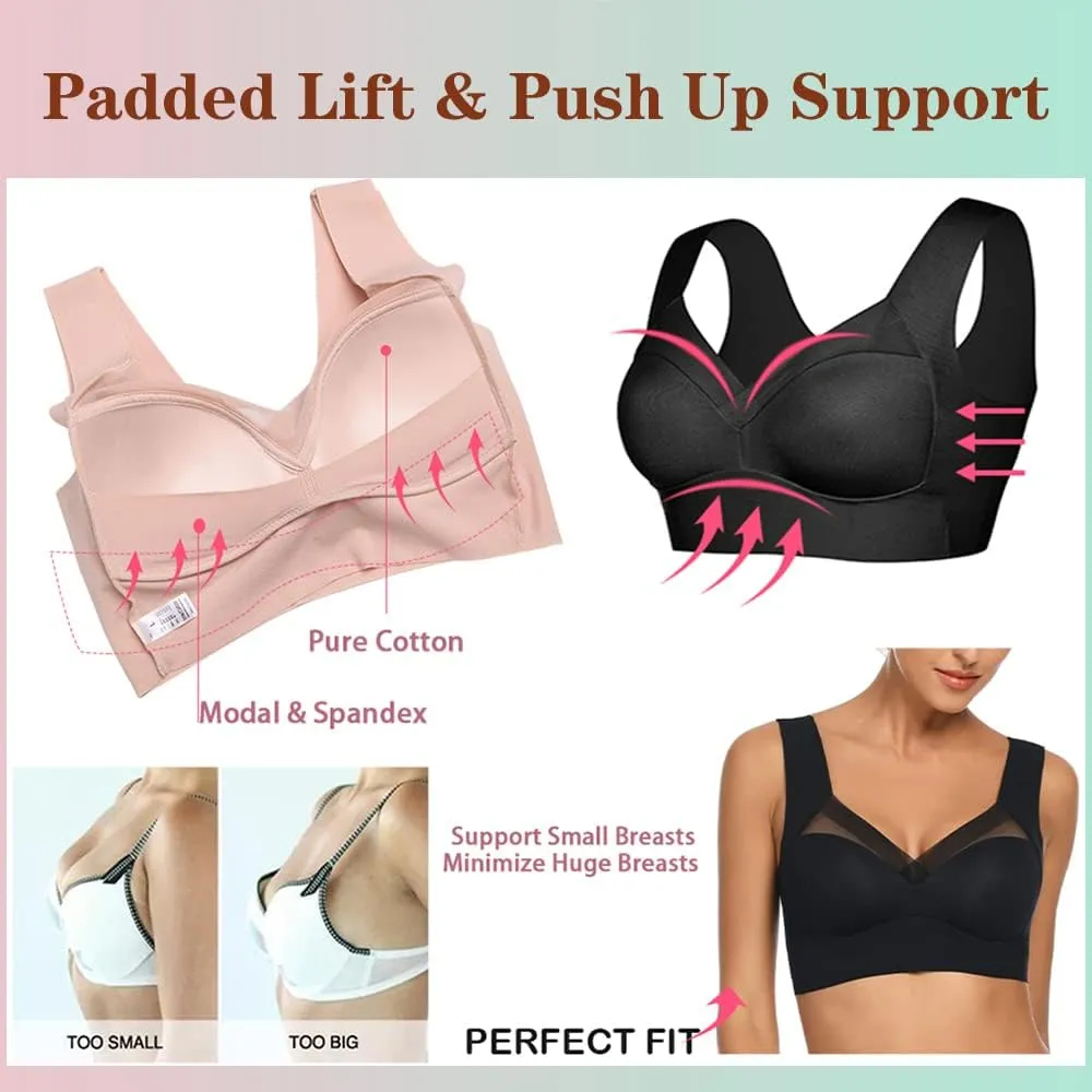 WOWENY Seamless Lace Mesh Bralettes Back Smoothing Bra Comfortable Wirefree Plus Size Everyday Bras for Women