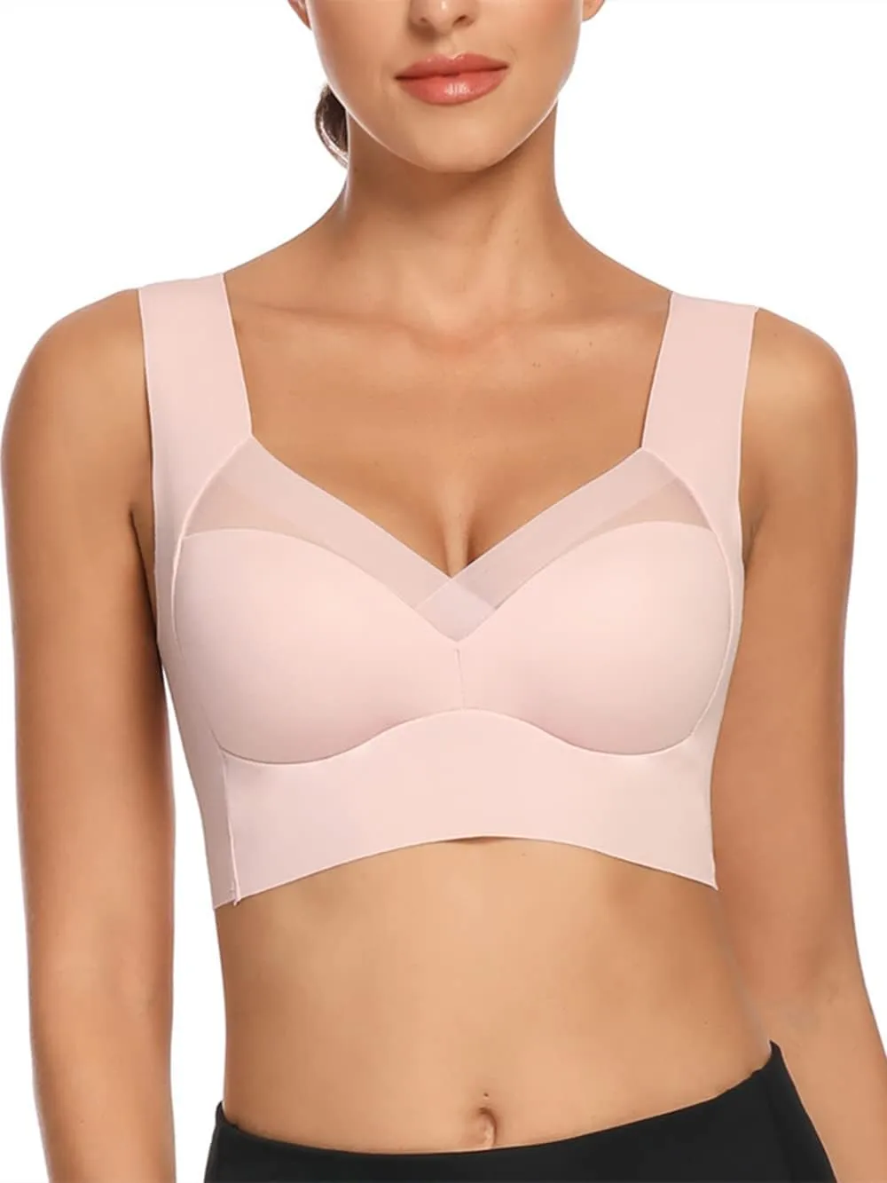 WOWENY Seamless Lace Mesh Bralettes Back Smoothing Bra Comfortable Wirefree Plus Size Everyday Bras for Women