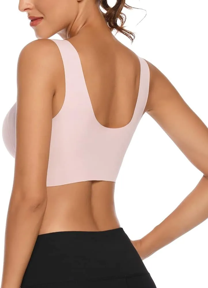 WOWENY Seamless Lace Mesh Bralettes Back Smoothing Bra Comfortable Wirefree Plus Size Everyday Bras for Women