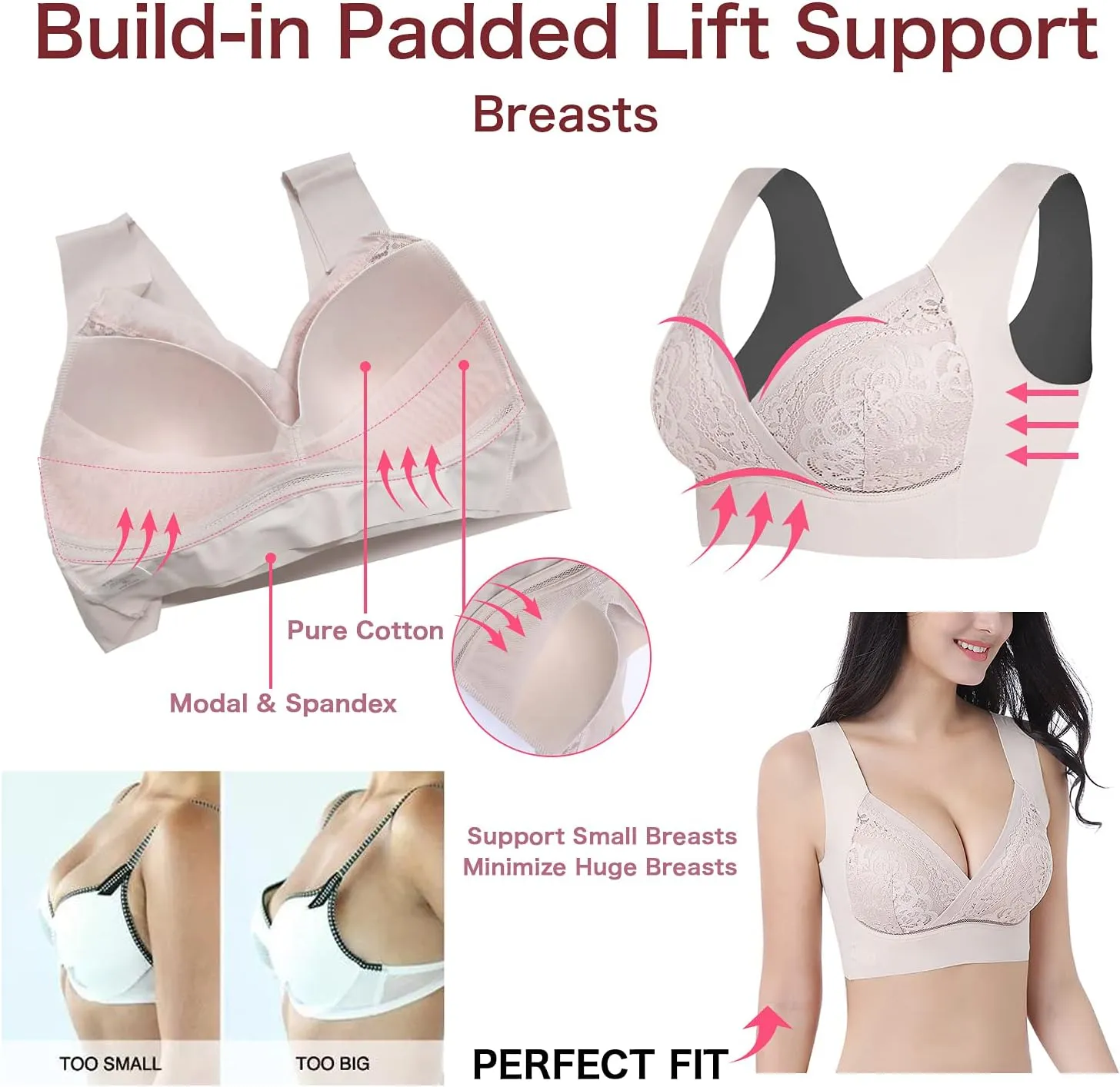 WOWENY Seamless Wirefree Bras for Women Comfortable Padded Back Smoothing Bra Plus Size for Large Breasts