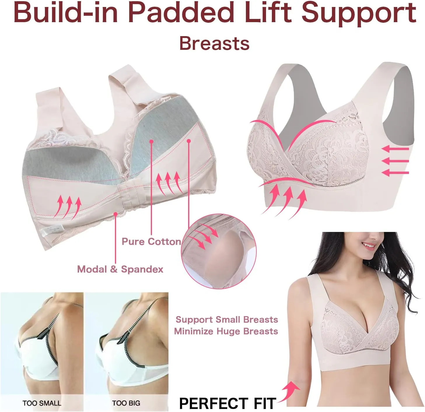 WOWENY Seamless Wirefree Bras for Women Comfortable Padded Back Smoothing Bra Plus Size for Large Breasts