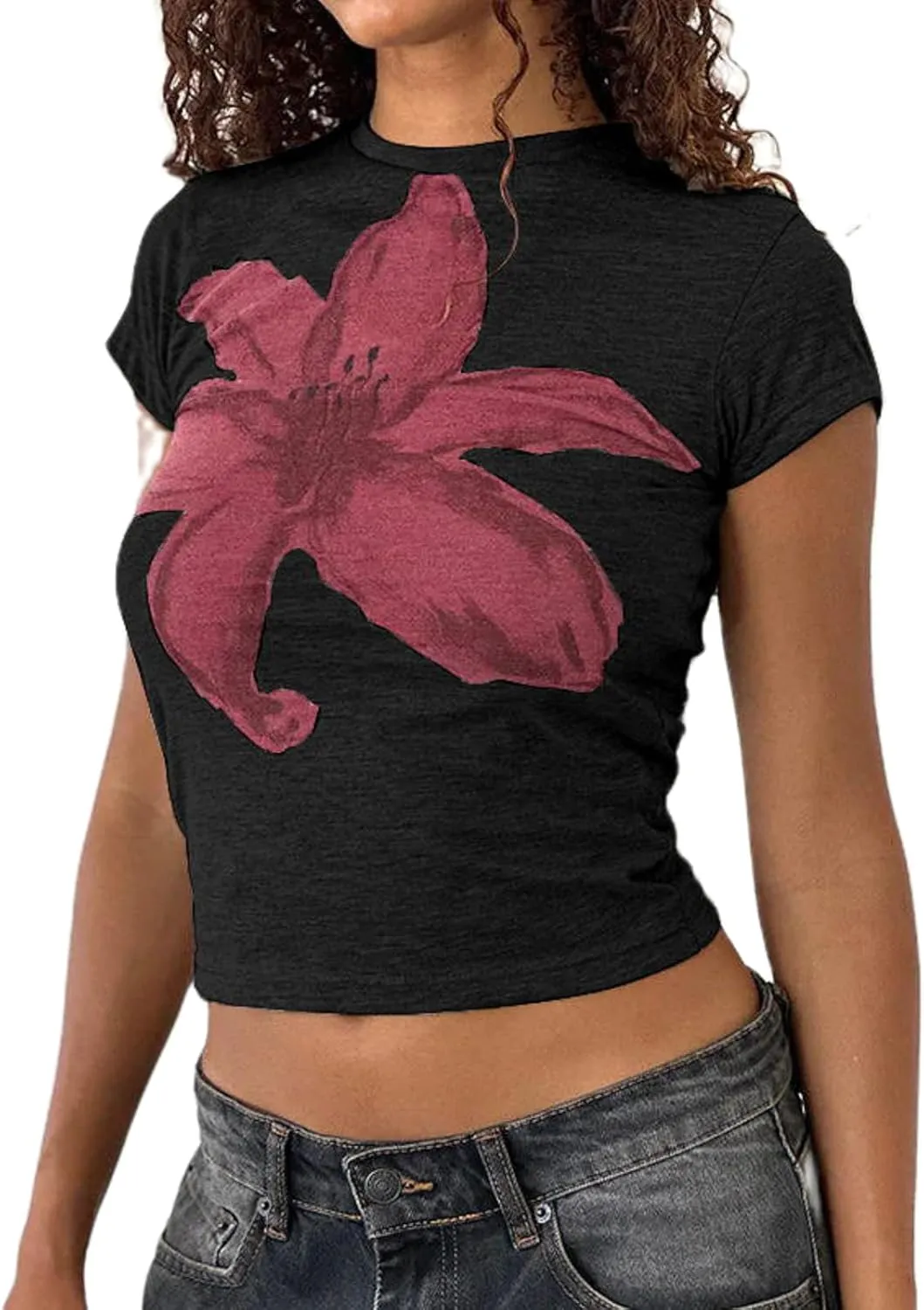 Y2k Baby Tees for Women Short Sleeve Graphic Crop Tops E Girls Cute Flower Print Vintage Aesthetic Shirts