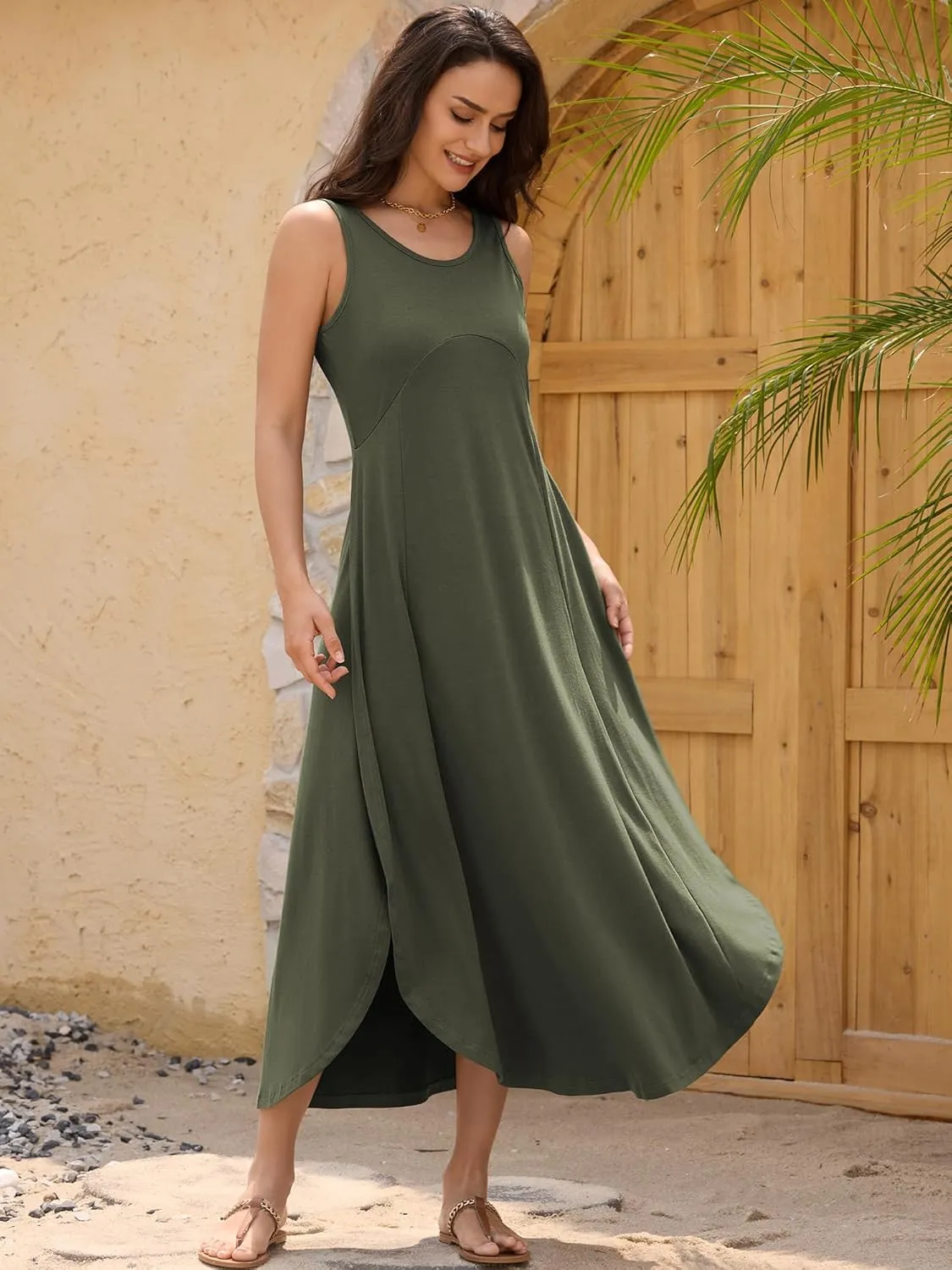 ZAFUL U Neck Backless Split Flowy Maxi Casual Tank Dress