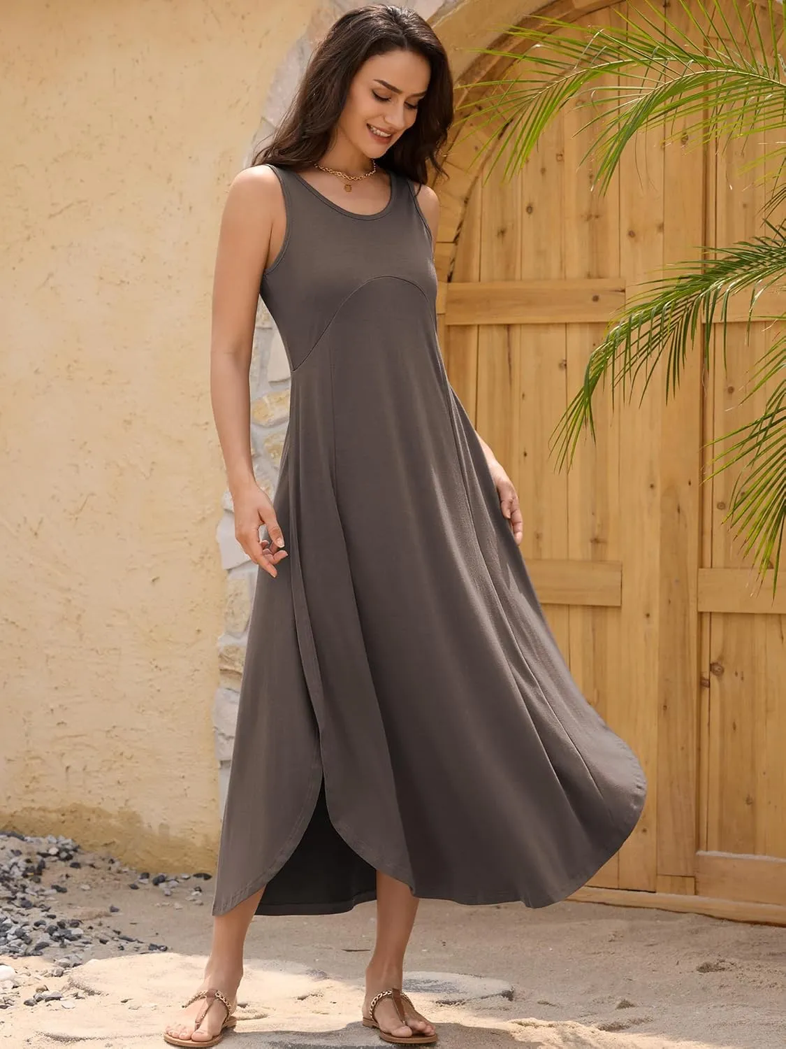 ZAFUL U Neck Backless Split Flowy Maxi Casual Tank Dress