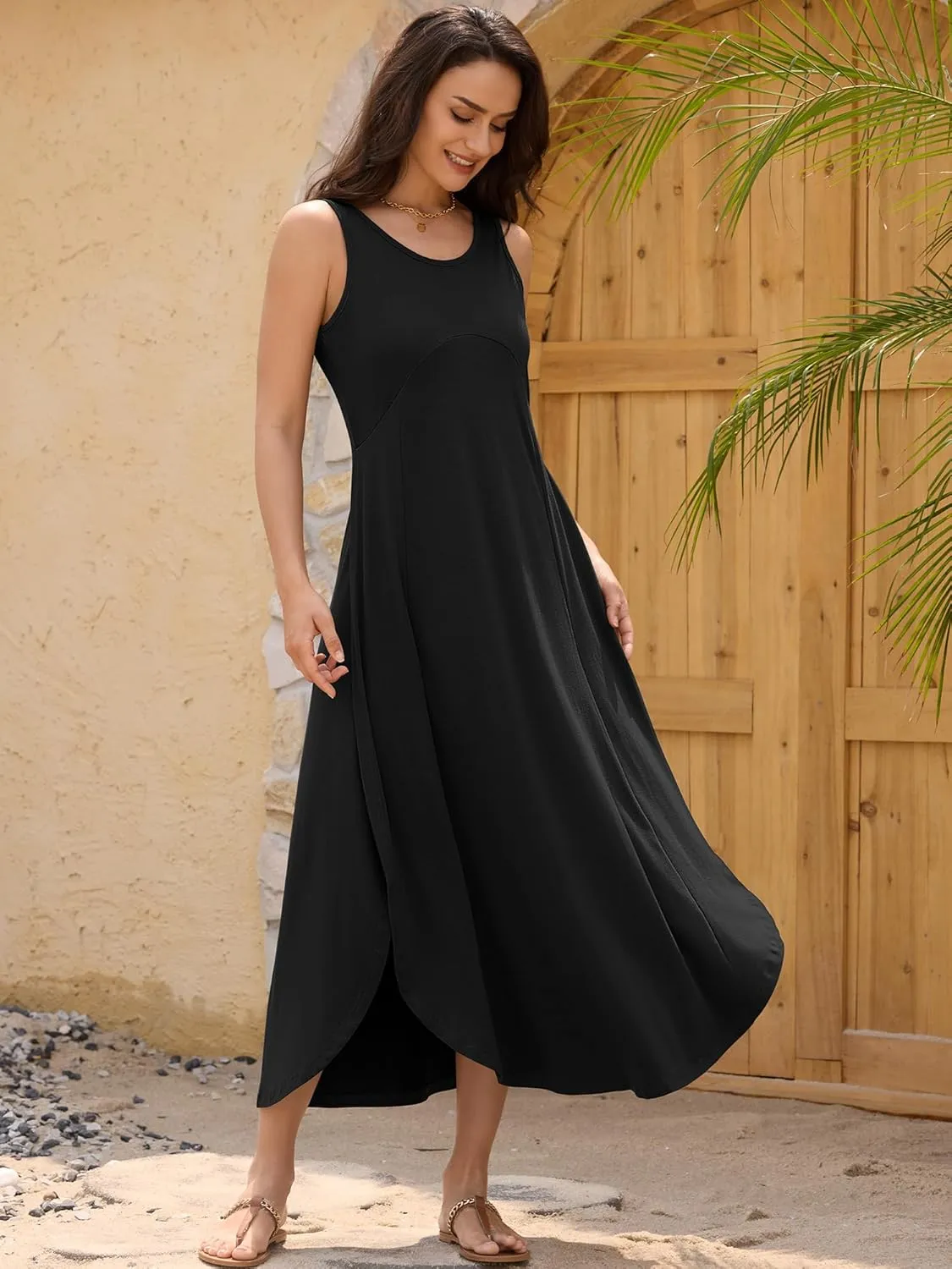 ZAFUL U Neck Backless Split Flowy Maxi Casual Tank Dress