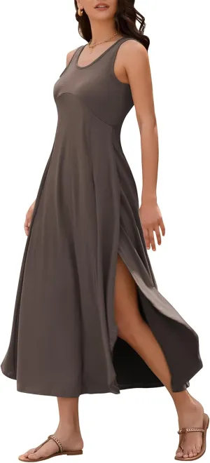 ZAFUL U Neck Backless Split Flowy Maxi Casual Tank Dress