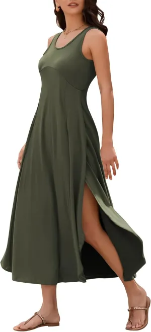 ZAFUL U Neck Backless Split Flowy Maxi Casual Tank Dress