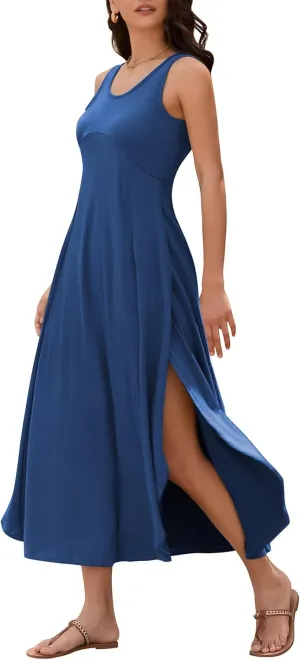 ZAFUL U Neck Backless Split Flowy Maxi Casual Tank Dress