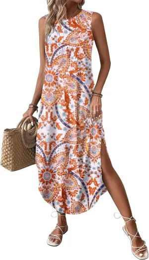 Zeagoo Women Floral Summer Dress Casual Beach Dress Printed Tank Dress with Pockets Pleated Front Long Dress